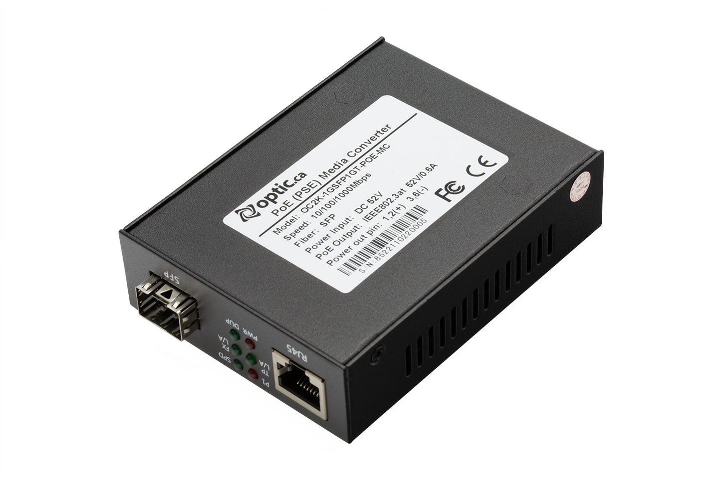 10/100/1000BASE-TX to 100/1000BASE-X with POE Mini Media Converter, 52VDC, 0.6A external power supply 120VAC NA