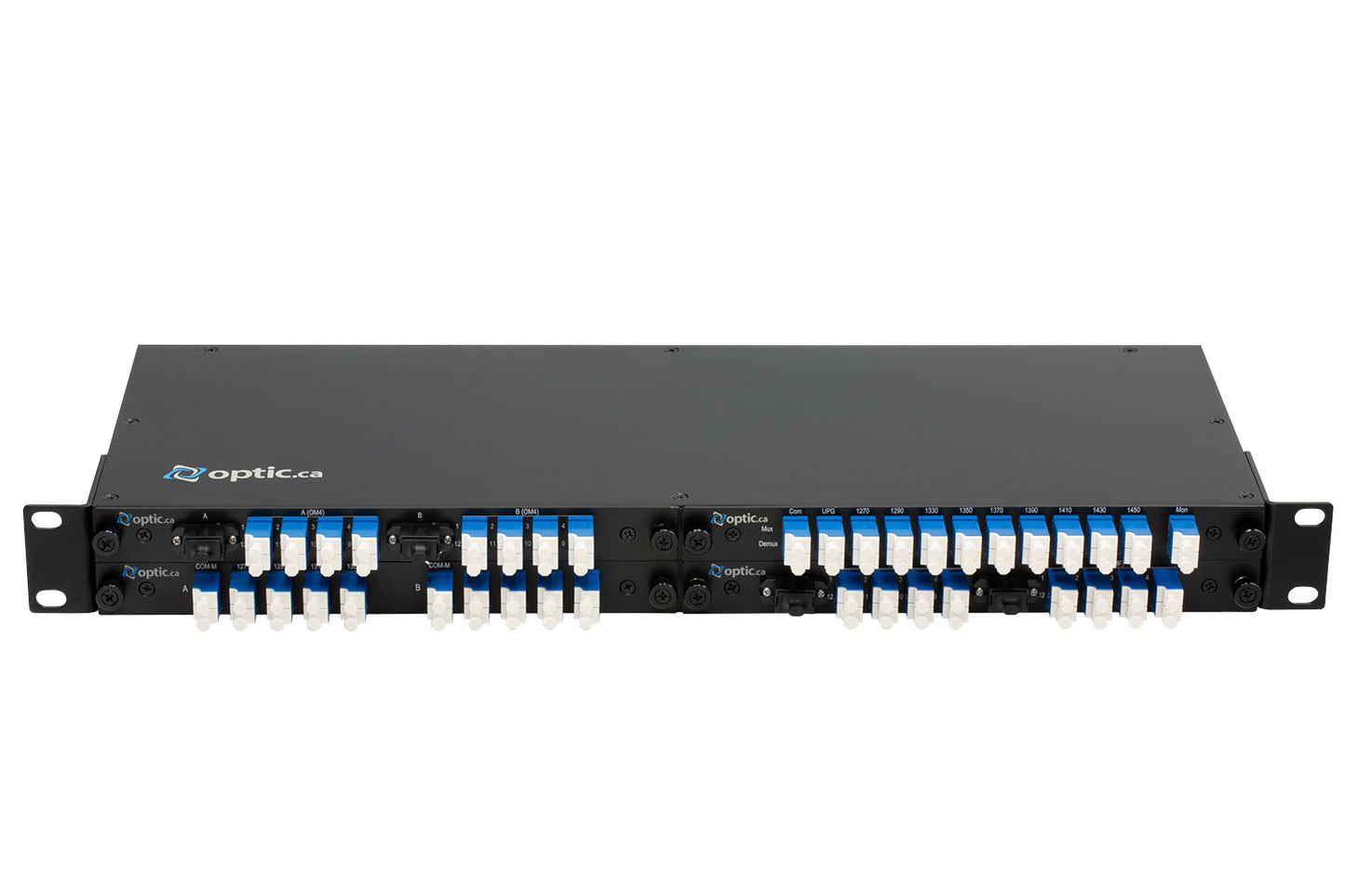 Cassette CWDM 8 canaux, longueur d'onde de 1470 à 1610 nm, port de dérivation de 1310 nm, port MON et port UPG.